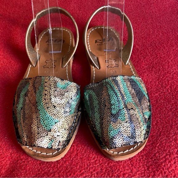 RIA Sz 38 Sequin Peacock Colourway Avarca Made ln Spain Menorca Leather Sandals - Picture 2 of 12